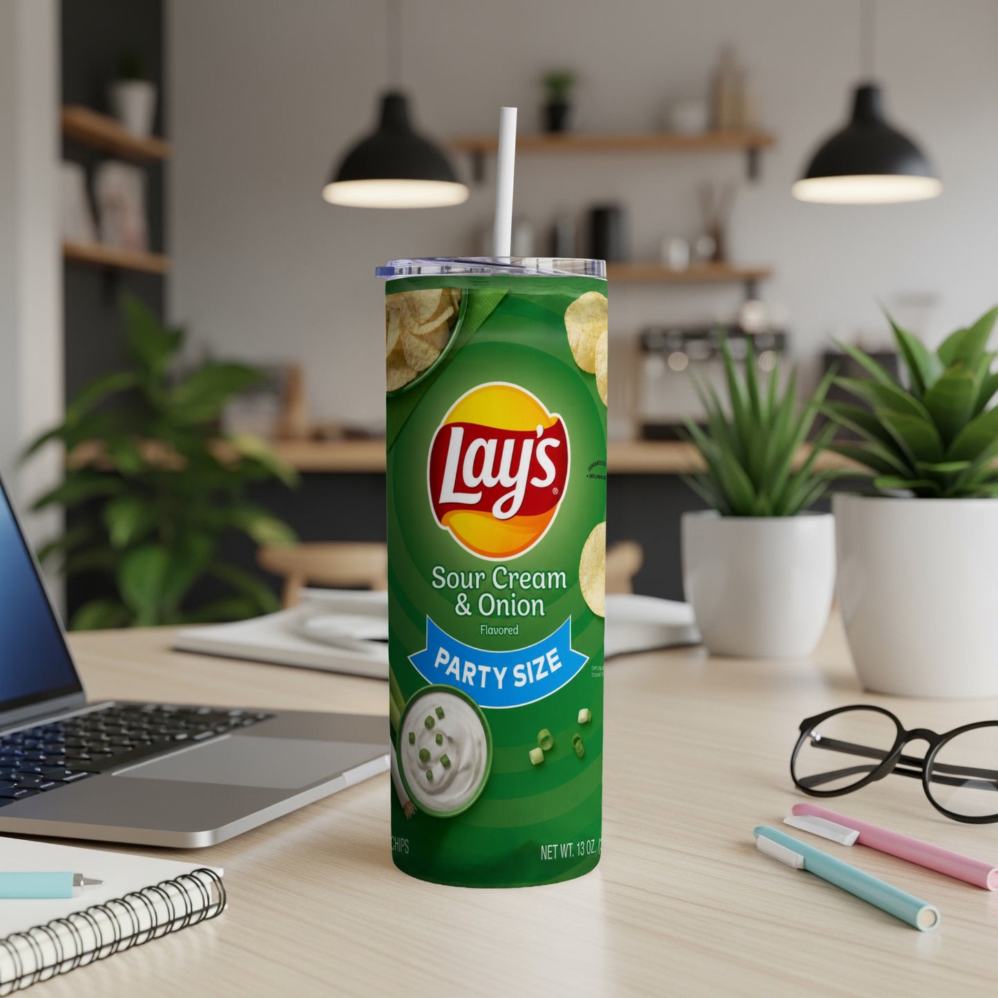 Lay's Sour Cream & Onion flavored chips Party Size tumbler with straw on desk