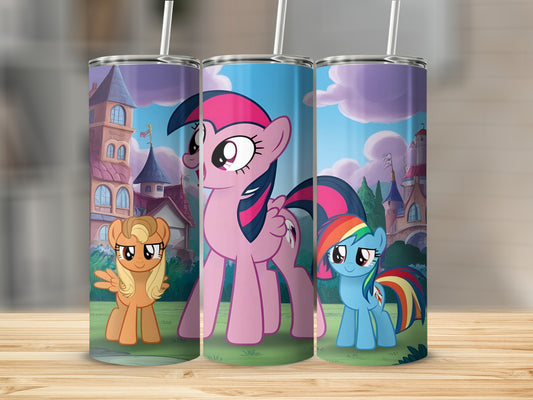 My Little Pony characters Twilight Sparkle, Applejack, and Rainbow Dash on tumblers.