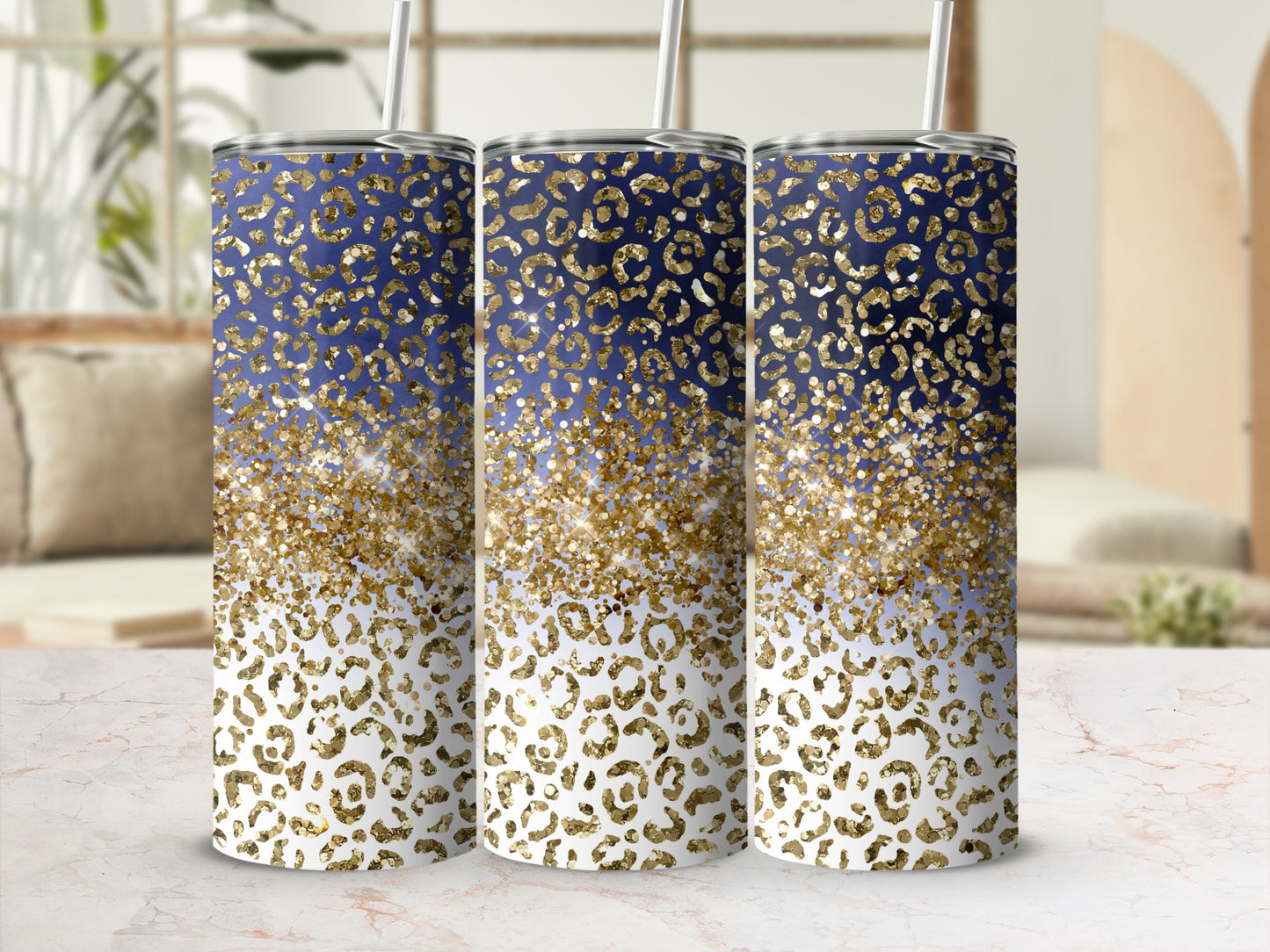 Glitter Leopard Print Tumbler with Straw 20 Oz