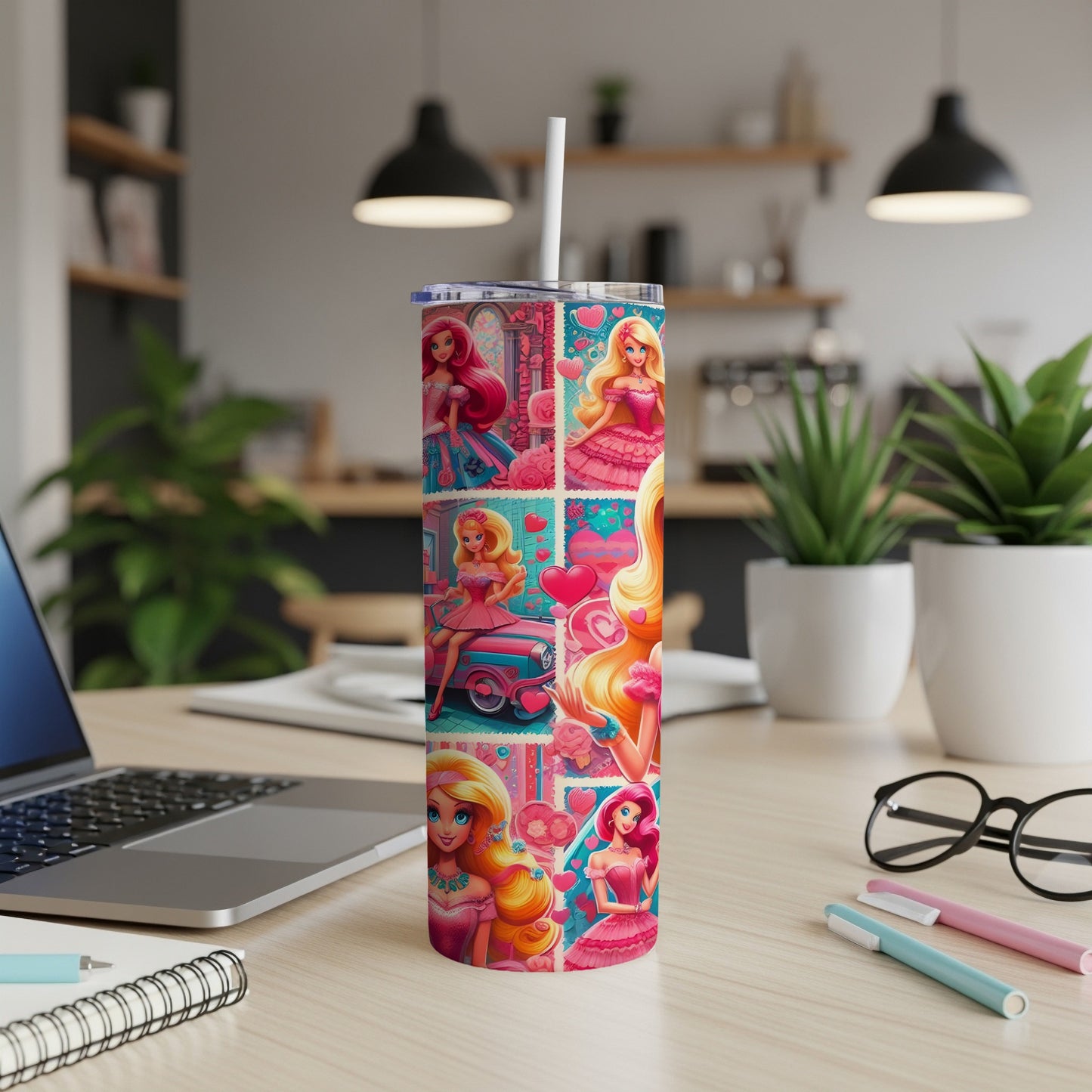 Pink tumbler with Barbie illustrations, hearts, and pastel colors.