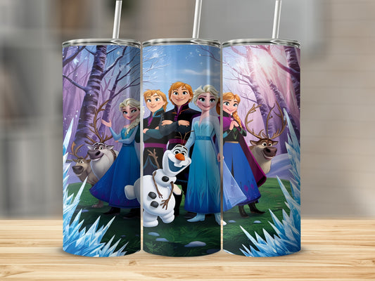Frozen characters Elsa, Anna, Kristoff, and Olaf with Sven on a forest background.