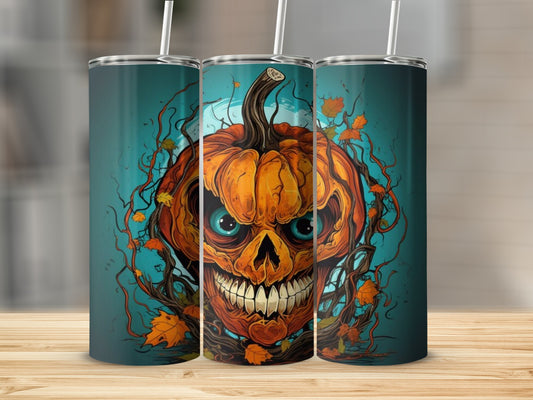 Three tumblers with a spooky jack-o'-lantern skull and autumn leaves design.