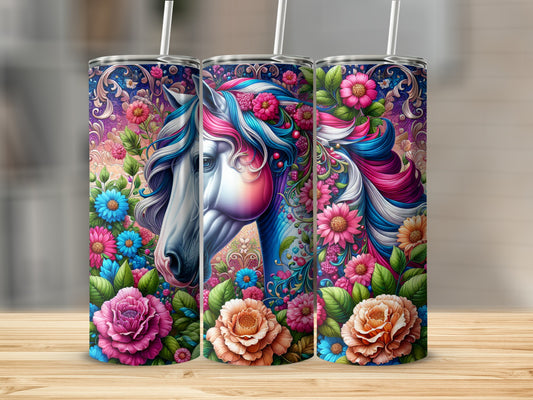 Three tumblers with a white horse and colorful flowers against a dark floral background.