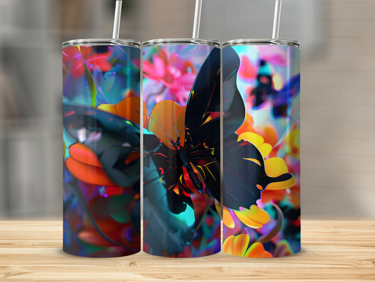 Three tumblers featuring a black butterfly on a floral, abstract background.