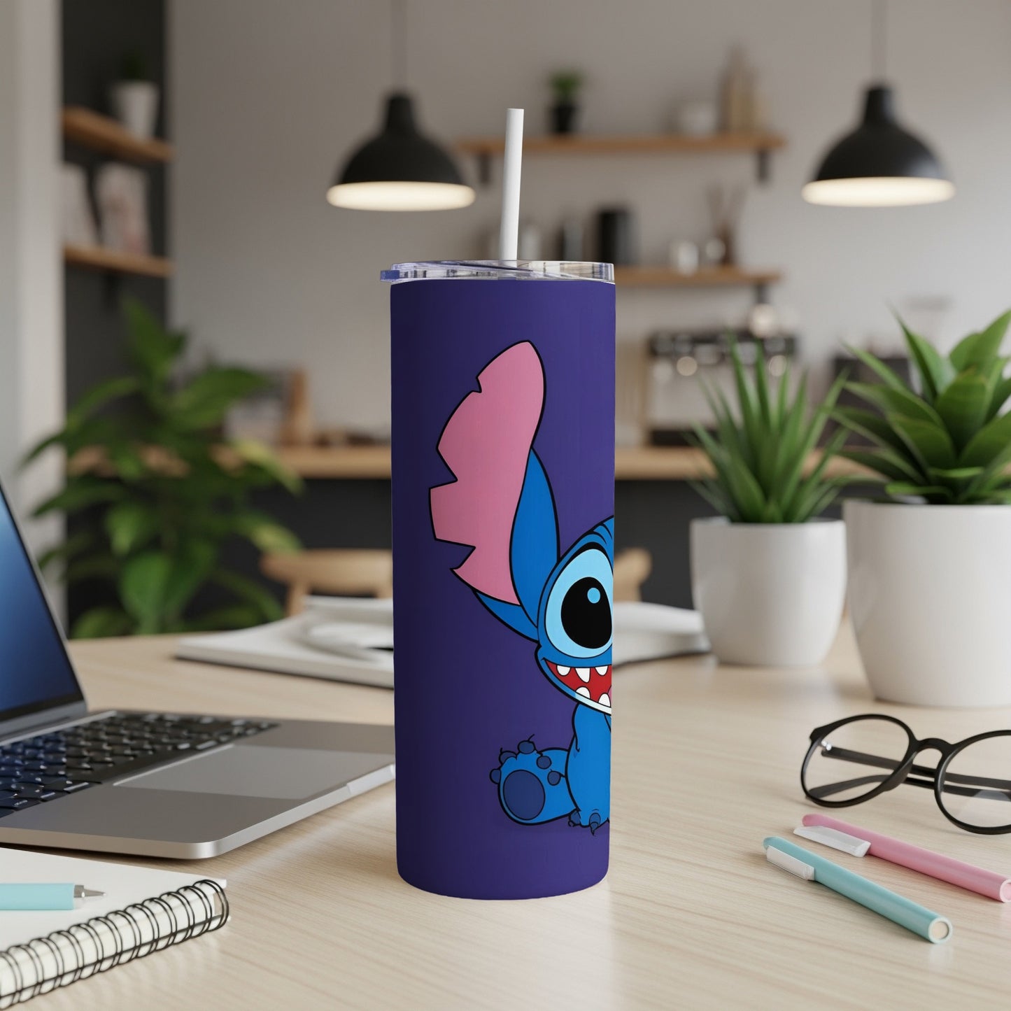 Dark purple tumbler with Stitch character from Lilo & Stitch.