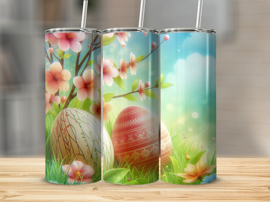 Easter eggs with floral designs and nature background on tumblers.