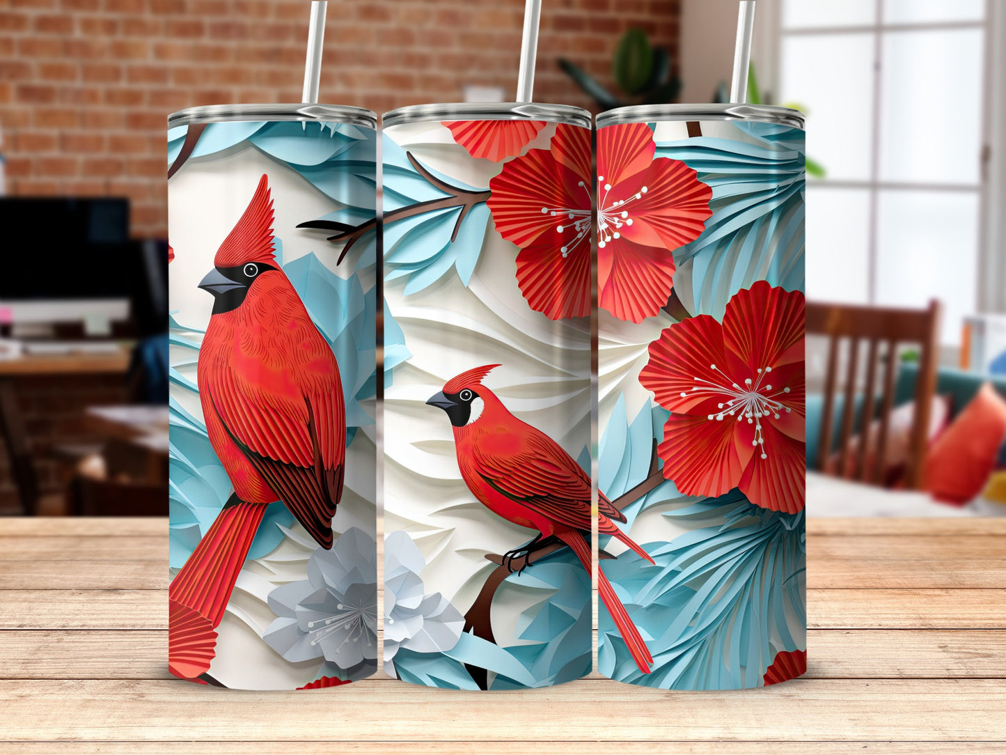 Vibrant Cardinals and Red Flowers Tumbler Design