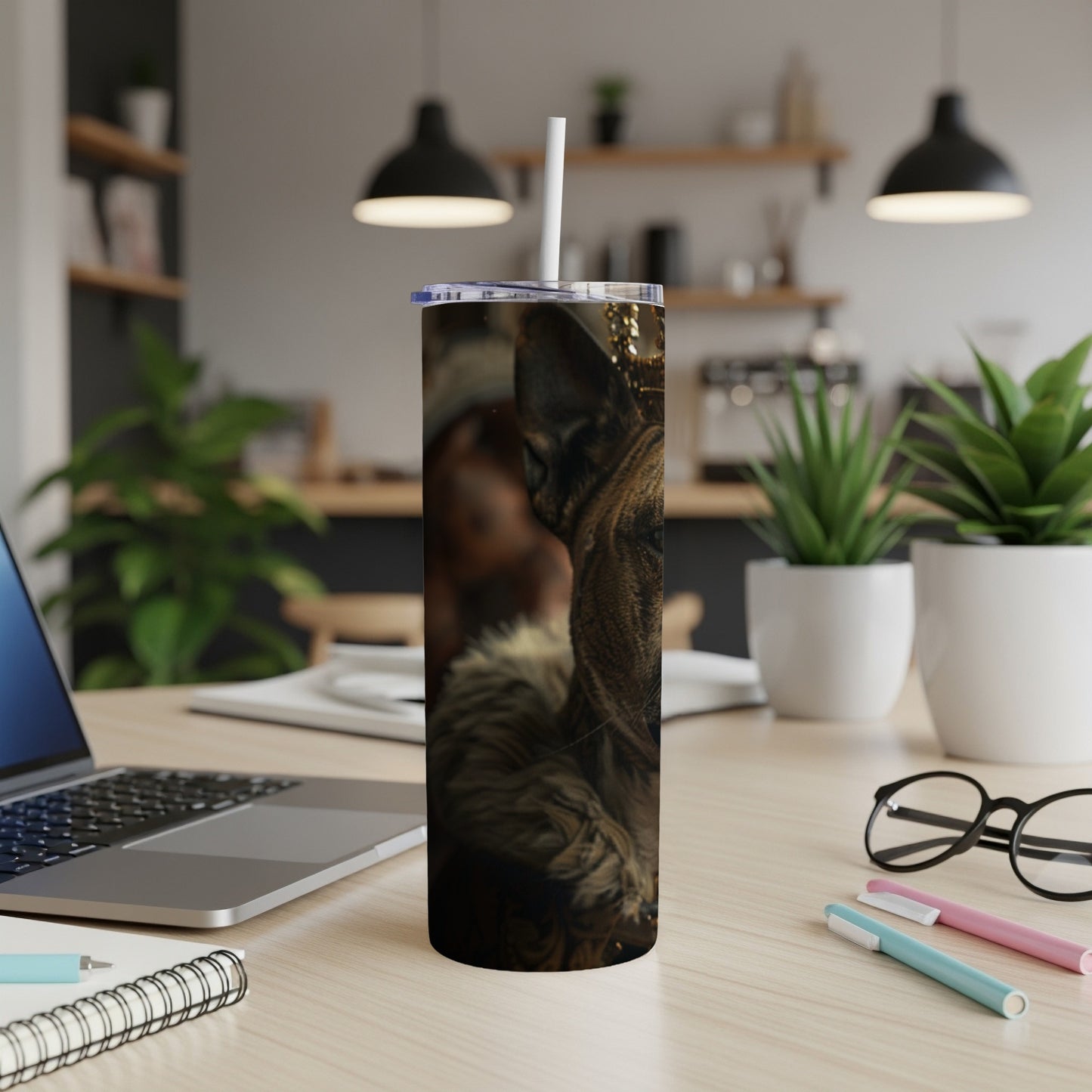German Shepherd on a textured tumbler with a straw, on a desk.