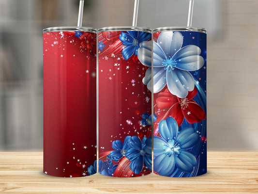 Three tumblers with patriotic floral and star designs.
