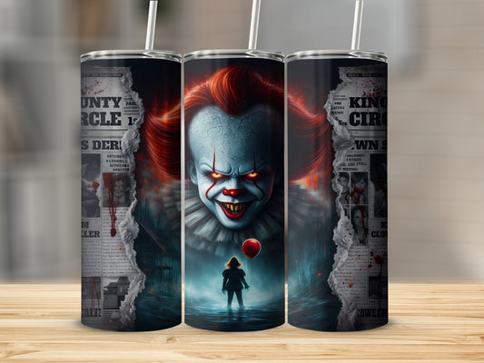 Three tumblers featuring Pennywise the clown and ripped newspaper graphics.