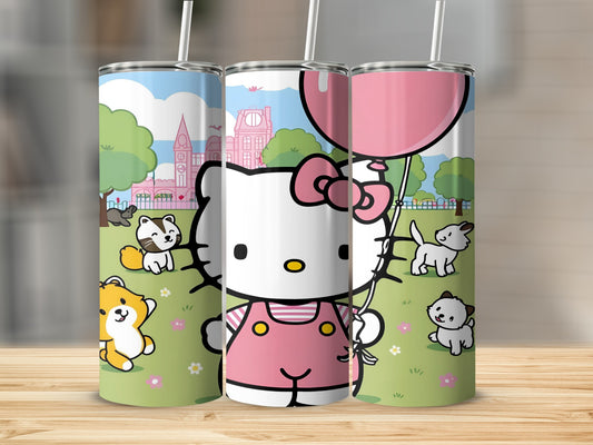 Hello Kitty holding a pink balloon with cartoon animals in a park.