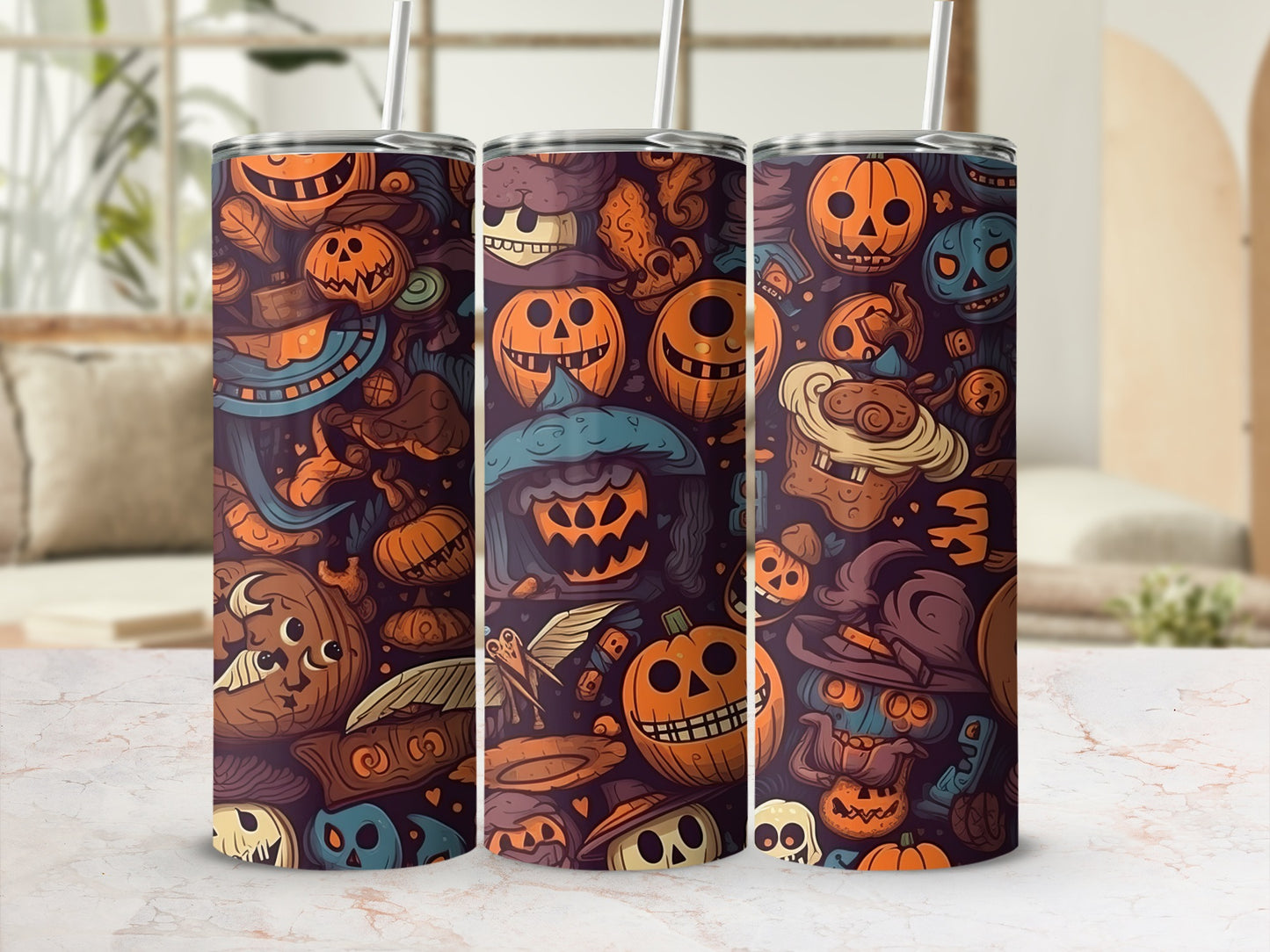 Spooky Halloween Pumpkin and Skull Themed Tumbler