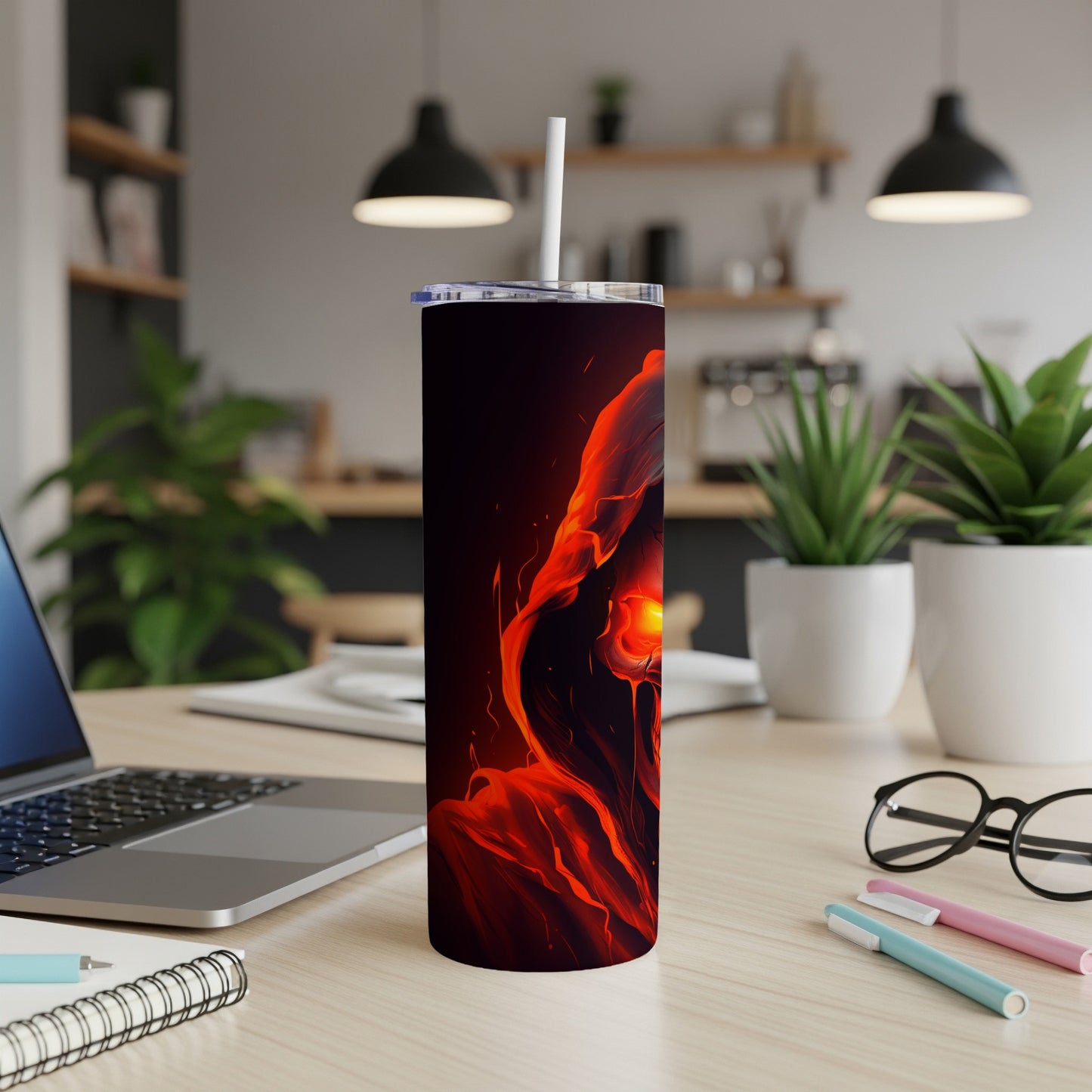 Tall tumbler with abstract fiery red and black design.