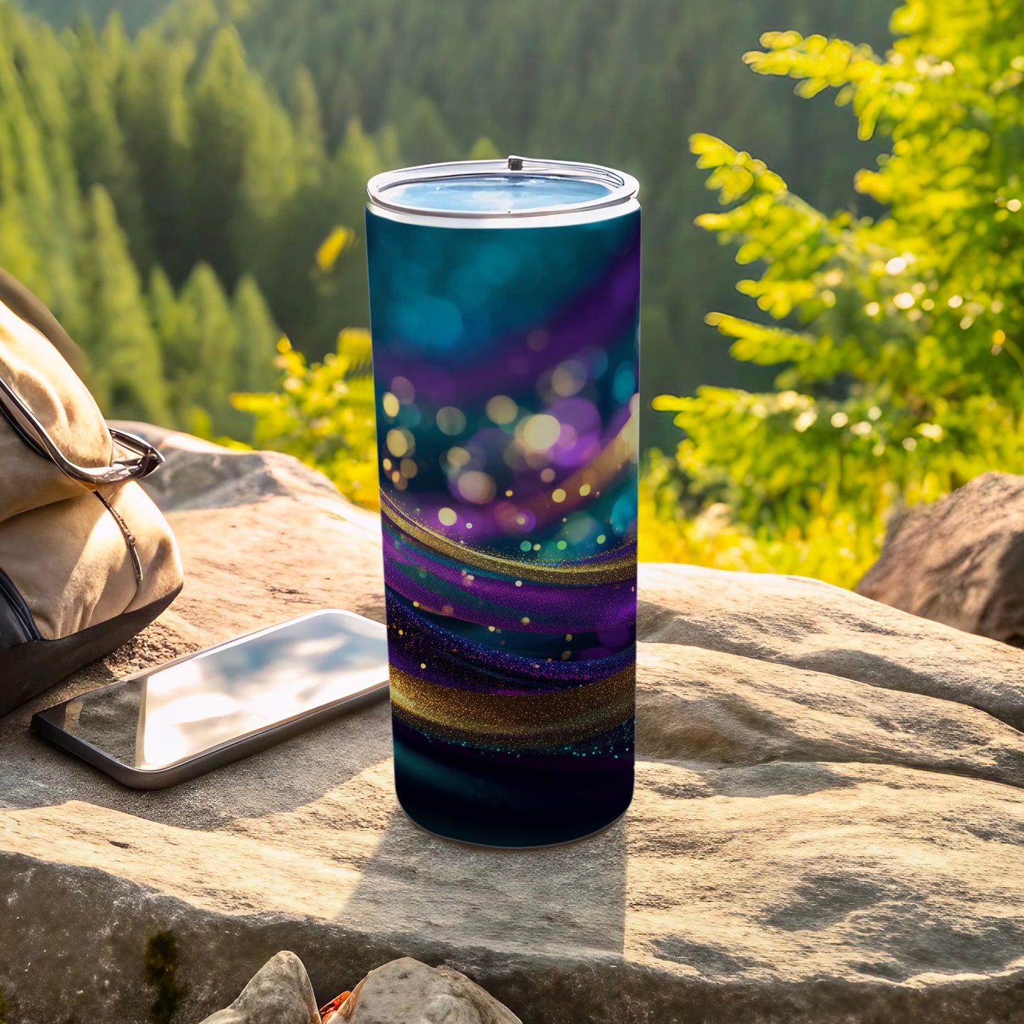 Abstract cosmic glitter bokeh vibrant purple gold blue tumbler product type