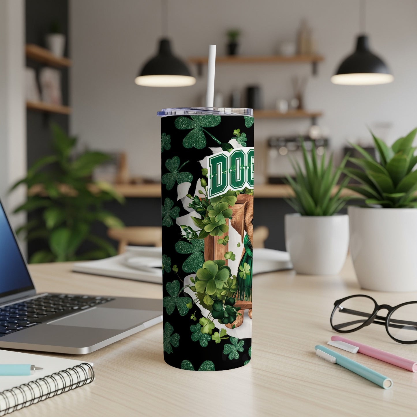 Black tumbler with shamrocks and "Dog Mom" in green text.