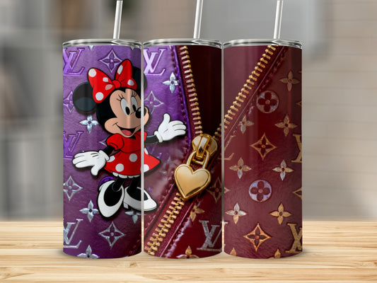 Minnie Mouse on purple and gold patterned tumbler with zipper detail.