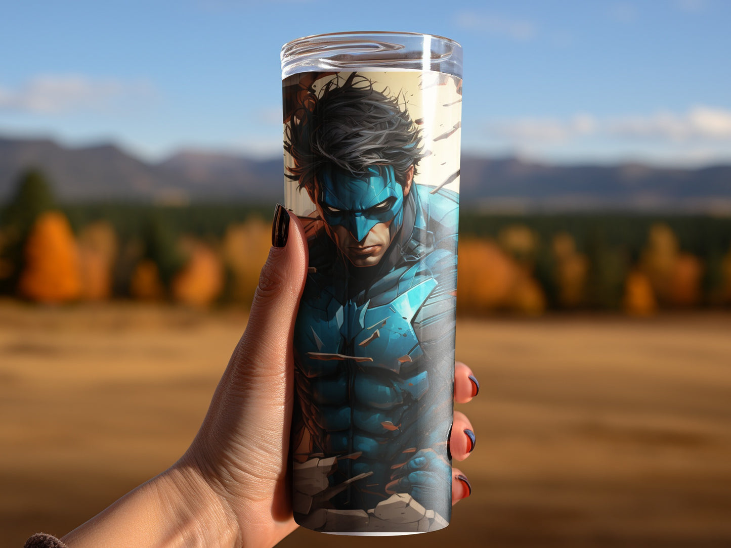 Superhero Villain Blue Action Tumbler with Scenic Background