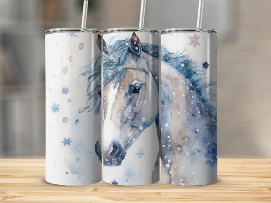 Watercolor horse with snowflakes on a white tumbler.