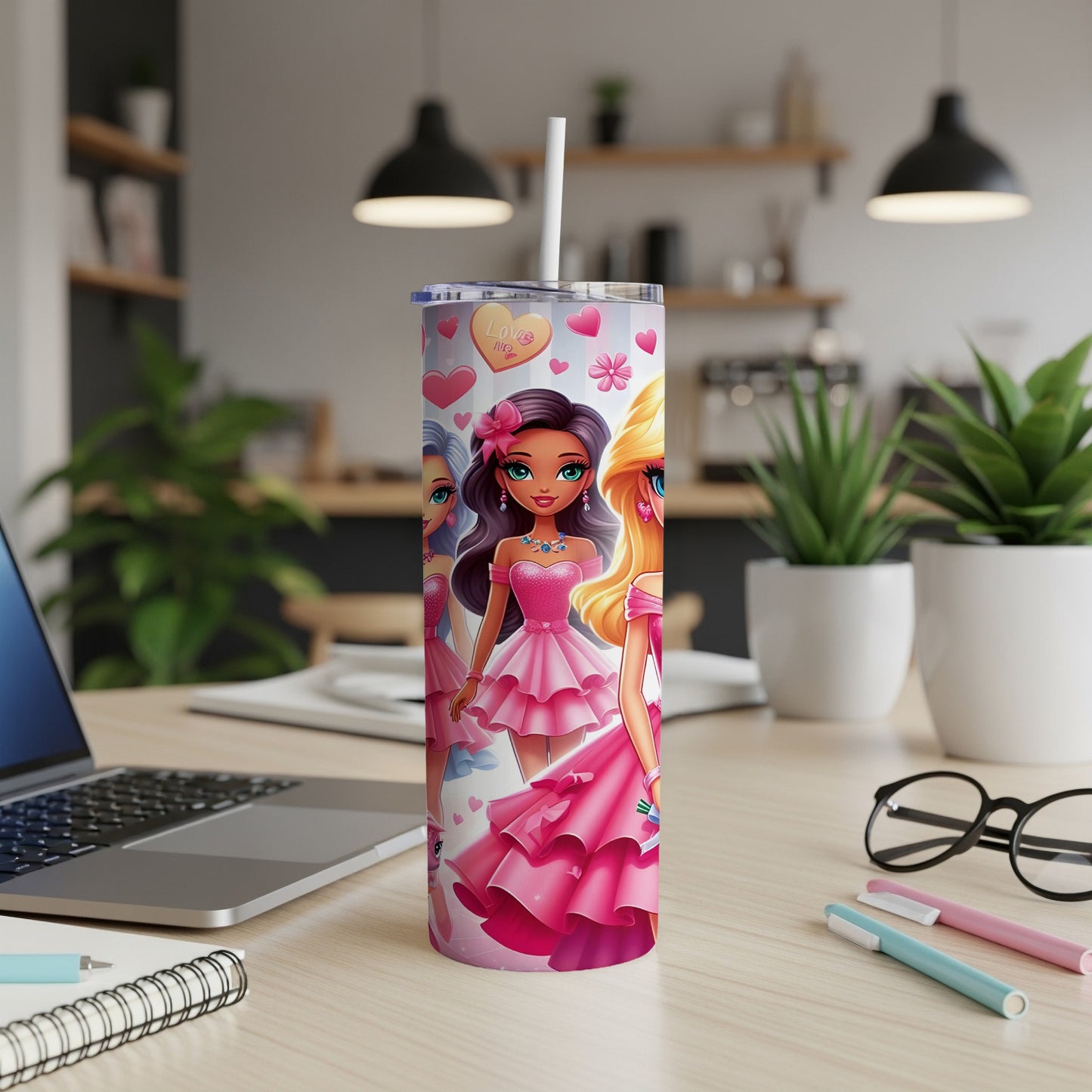 Tumbler with three cartoon girls in pink dresses, hearts, and stripes.