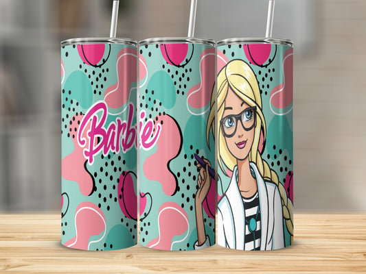 Barbie tumbler with black glasses and pink wavy design.