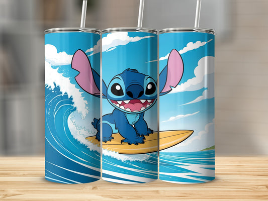 Blue Stitch character surfing a yellow surfboard on a wave.