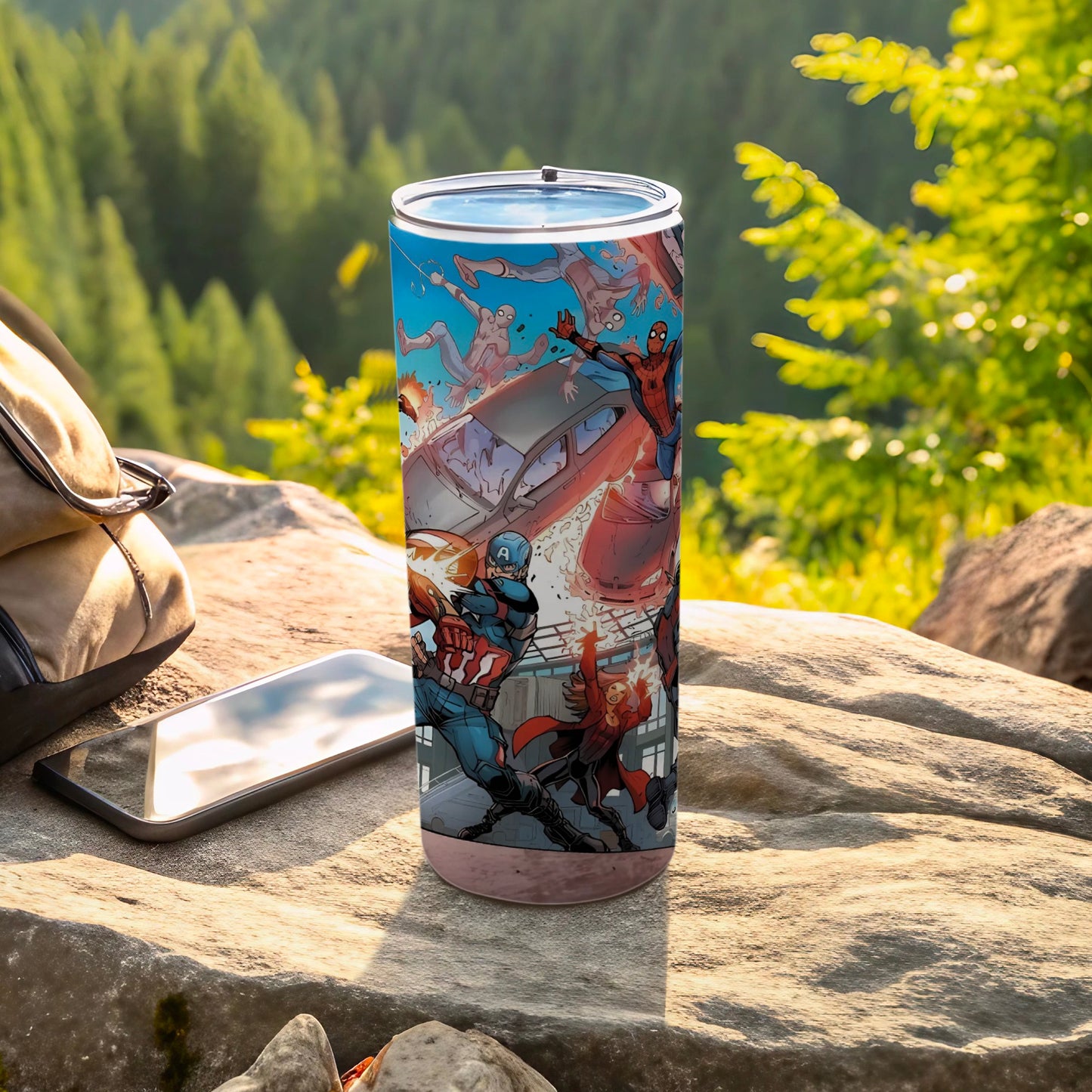 Superhero Battle Scene Travel Tumbler with Lid