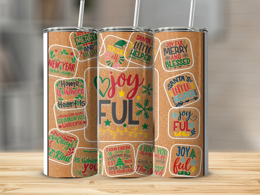 Collage of Christmas-themed tumbler designs with "joyful" and holiday sayings.