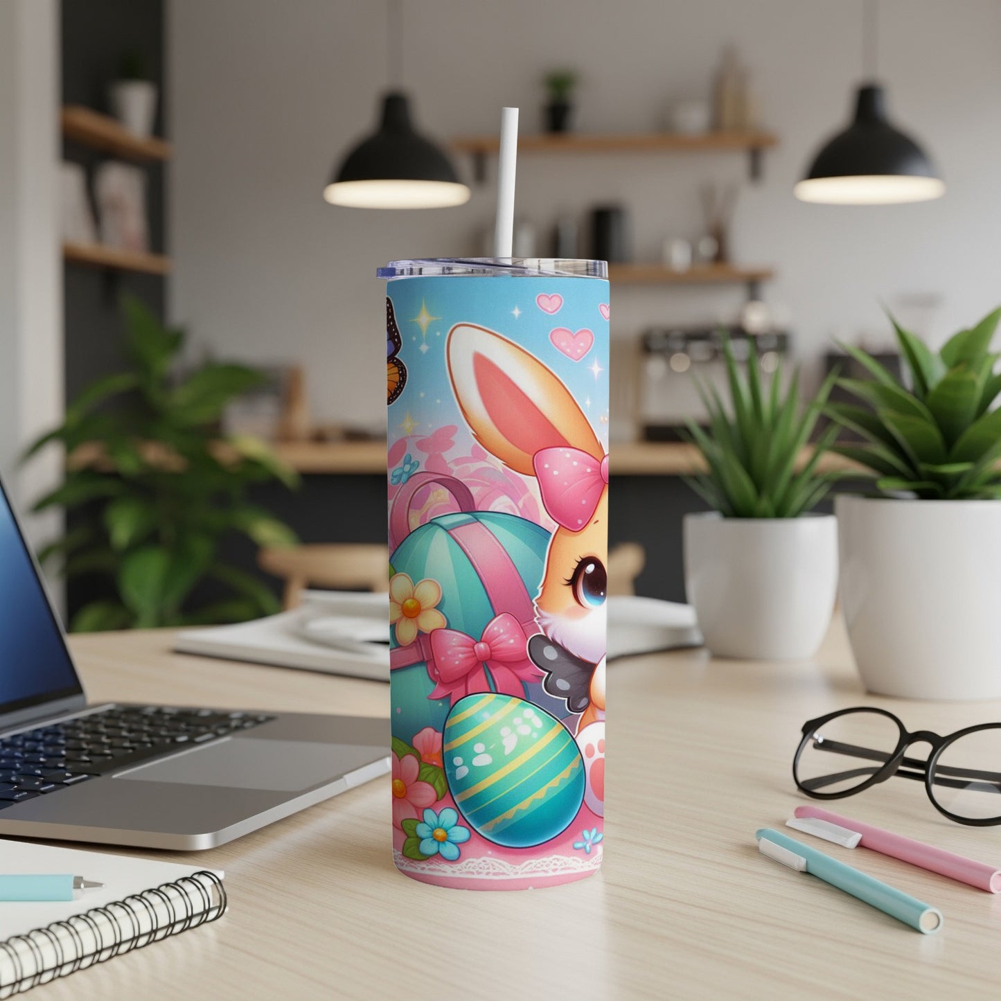 Easter bunny with colorful eggs and flowers on a tumbler.