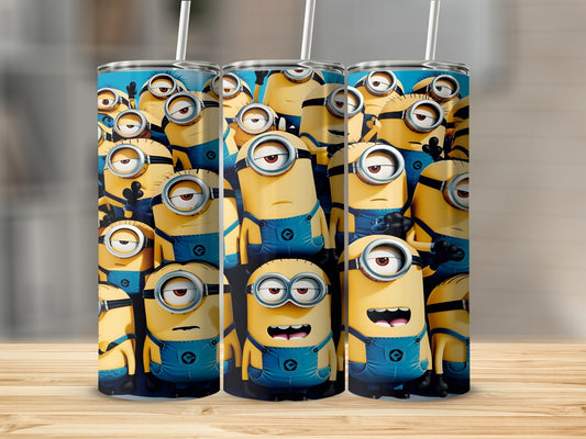 Several yellow Minion characters with blue overalls and goggles, standing close together.