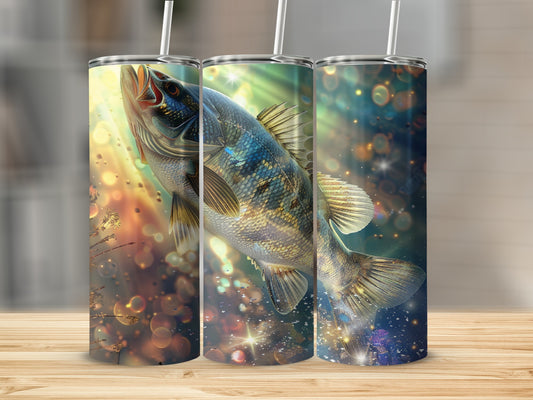 Three tumblers feature a largemouth bass leaping from water with bokeh lights.