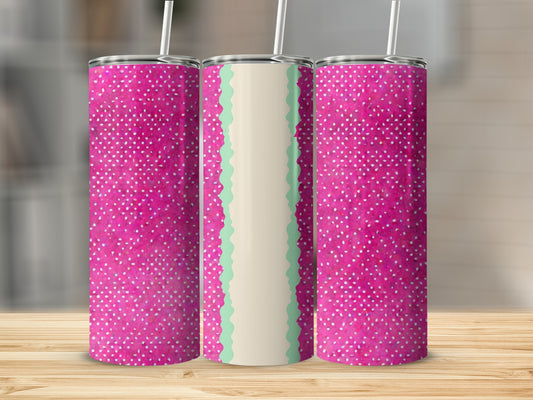 Three tumblers with pink polka dots and a mint green wavy stripe.