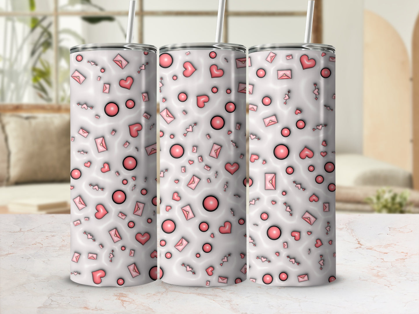 Pink Hearts and Envelopes Pattern Tall Skinny Tumblers