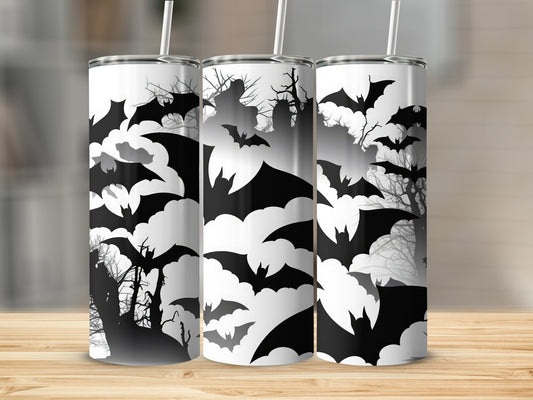 Three tumblers with a black and white bat and tree silhouette design.