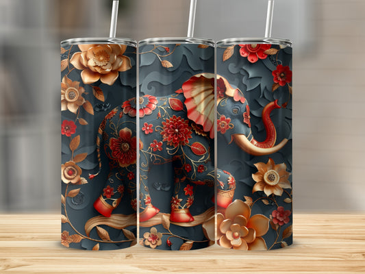 Three tumblers featuring a dark background with a detailed red and gold elephant and floral design.
