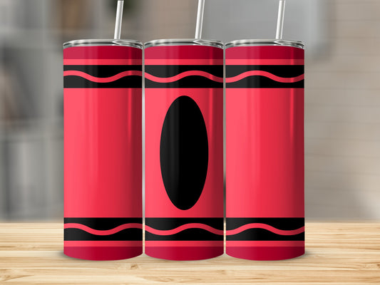 Red crayon tumbler with black accents and straw.
