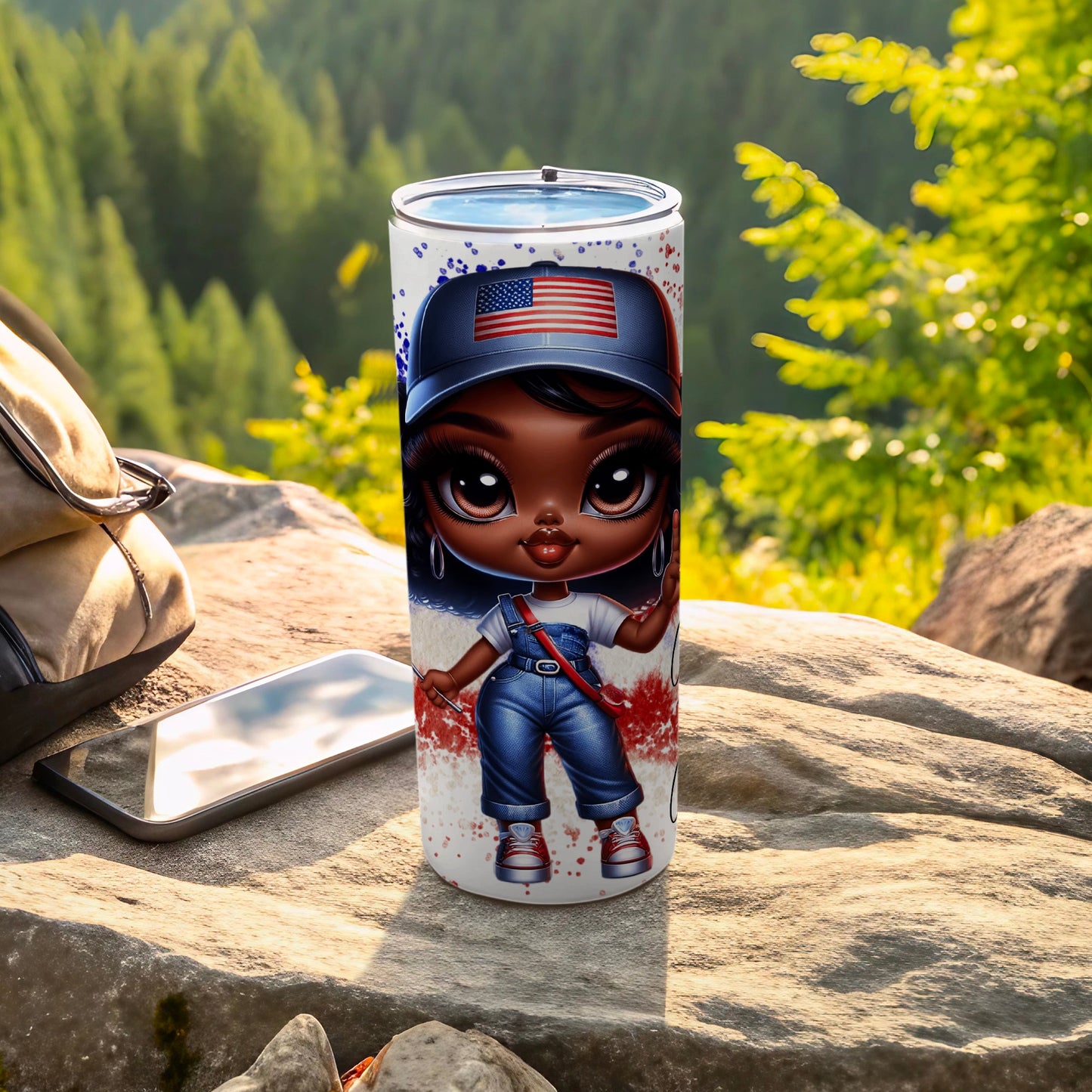 Patriotic cartoon girl in denim overalls and American flag hat on a tumbler.