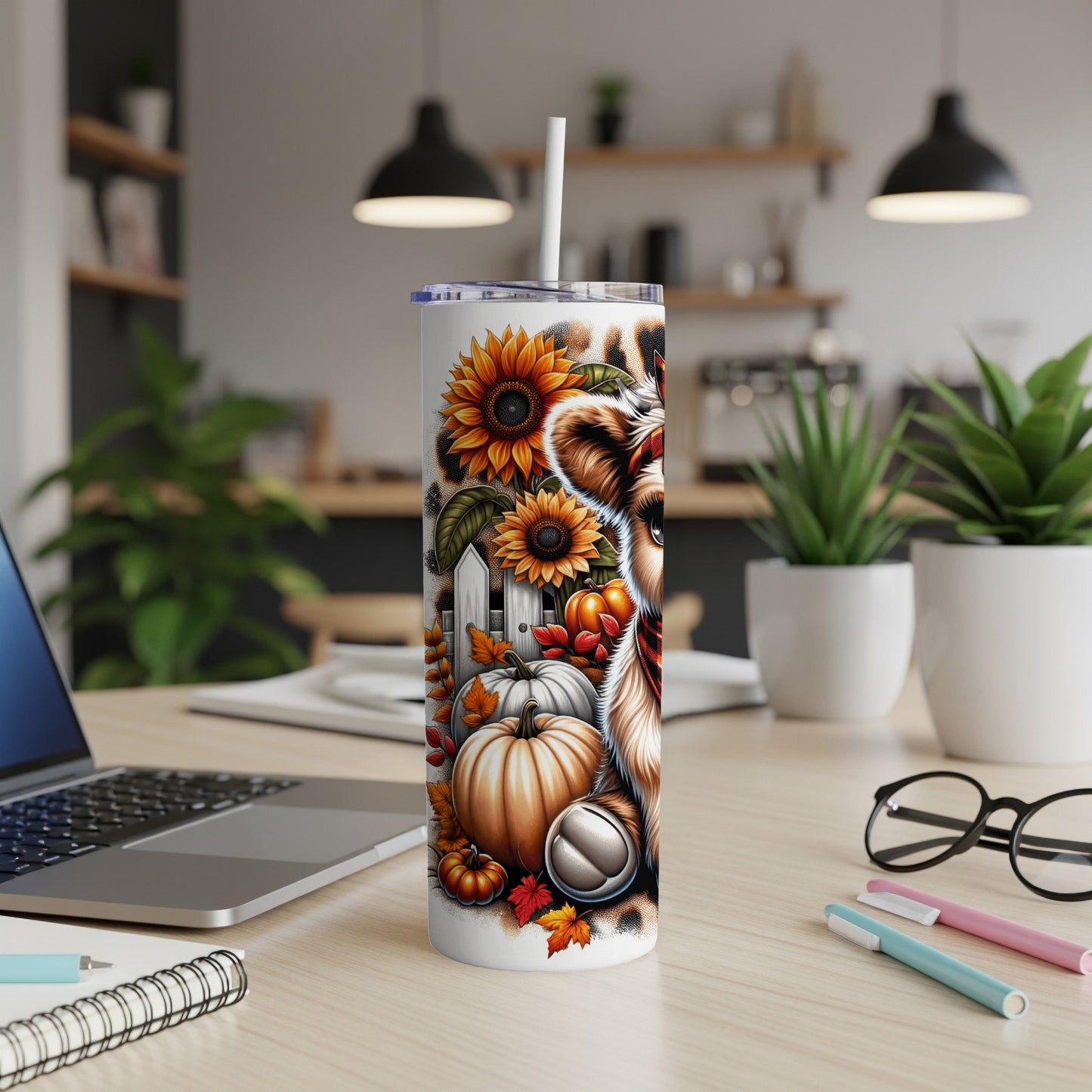 Tumbler with sunflowers, pumpkins, and leopard print.
