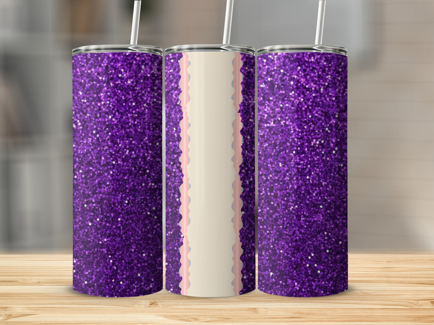 Three purple glitter tumblers with a beige and pink wavy design on the middle tumbler.