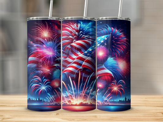 USA flag with fireworks over a city skyline.