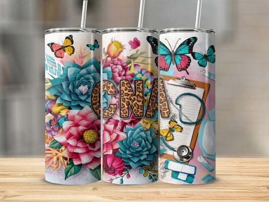 Three tumblers with floral and butterfly designs, featuring the word "CNA".