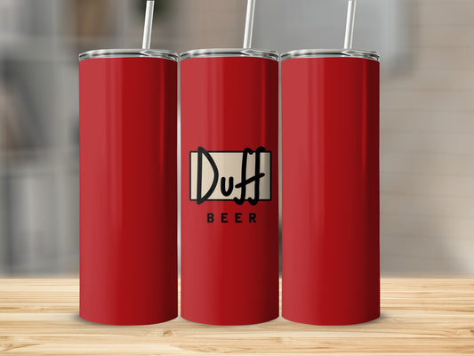 Three red tumblers with white lids and straws, featuring the Duff Beer logo.