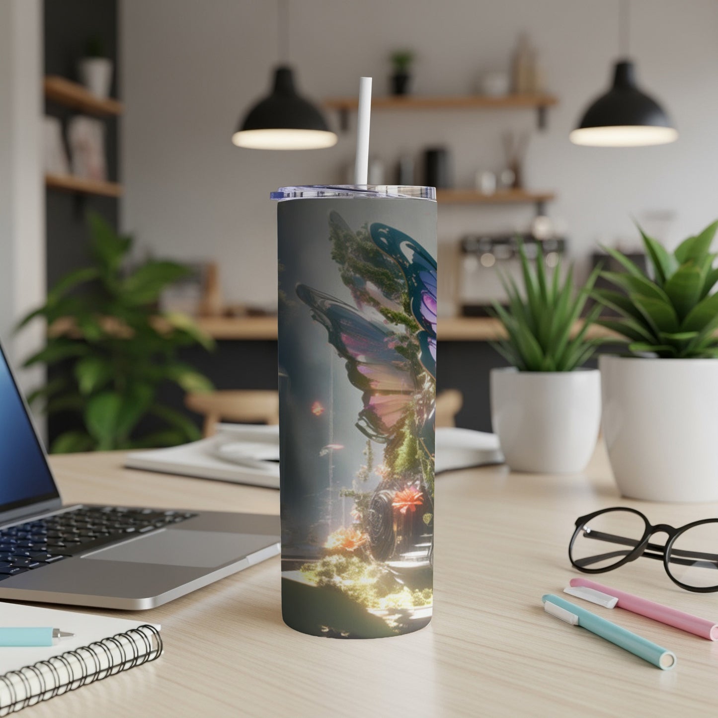 Butterfly wings overlaying a cityscape and nature scene on a tumbler.