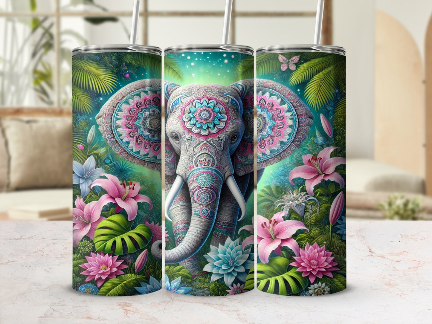 Handheld Colorful Elephant Floral Insulated Tumbler