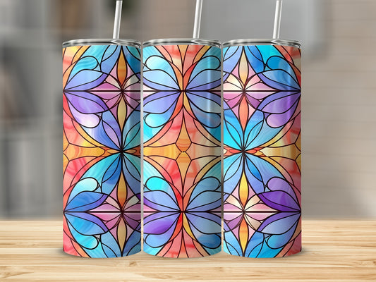Three stained-glass style tumblers with a butterfly pattern in vibrant colors.