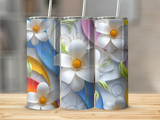 Three tumblers with white floral designs and colorful abstract backgrounds.