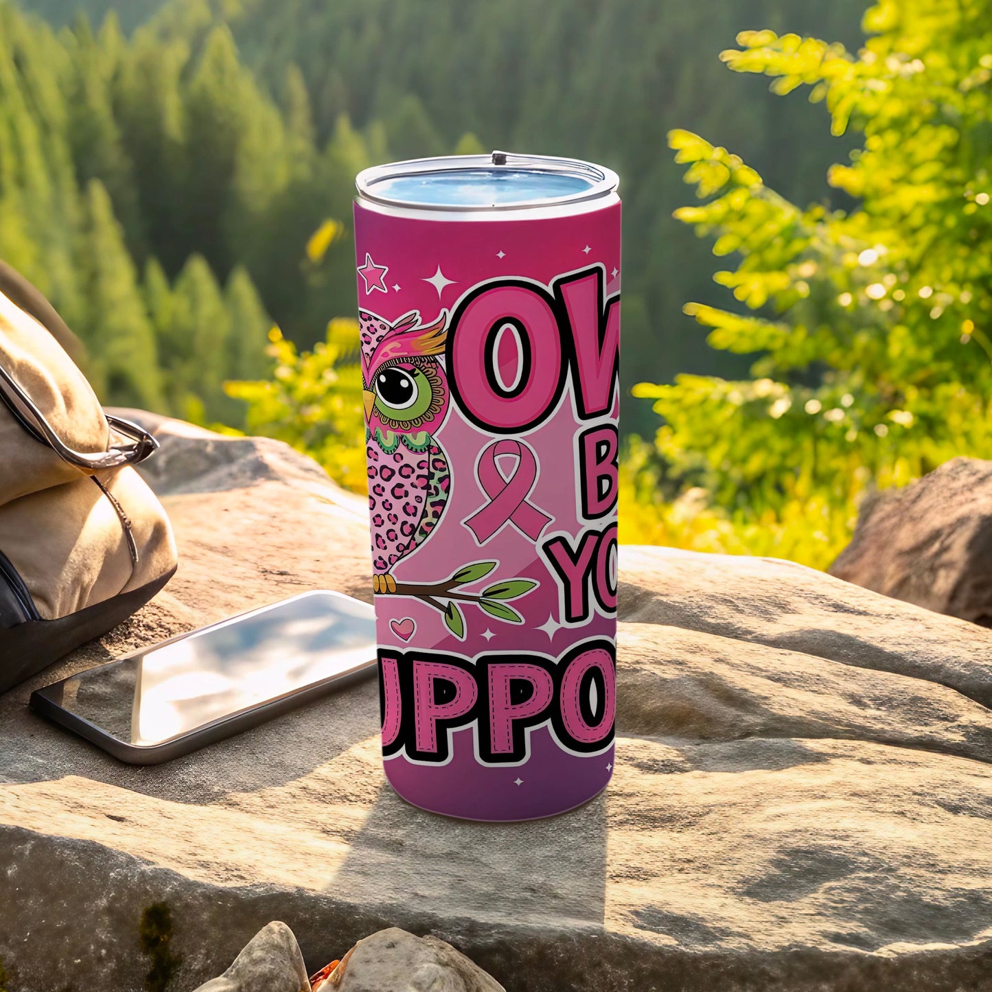 Pink tumbler with owl and "Love & Support" text for breast cancer awareness.