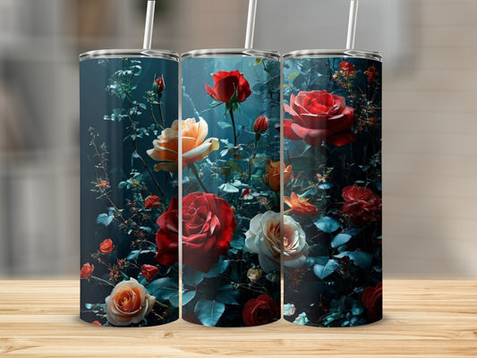 Three tumblers adorned with vibrant red and peach roses on a dark floral background.