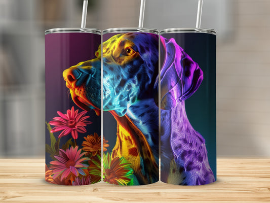 Dog portrait with vibrant, neon colors and floral accents on a tumbler.