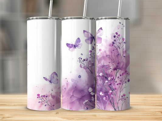 Three tumblers with purple watercolor butterflies and floral designs.