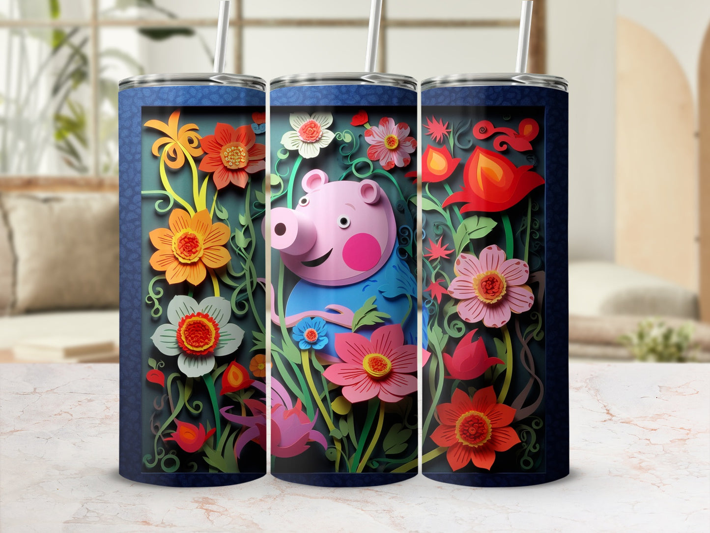Cute Floral Piggy Tumbler with Vibrant Colors Design